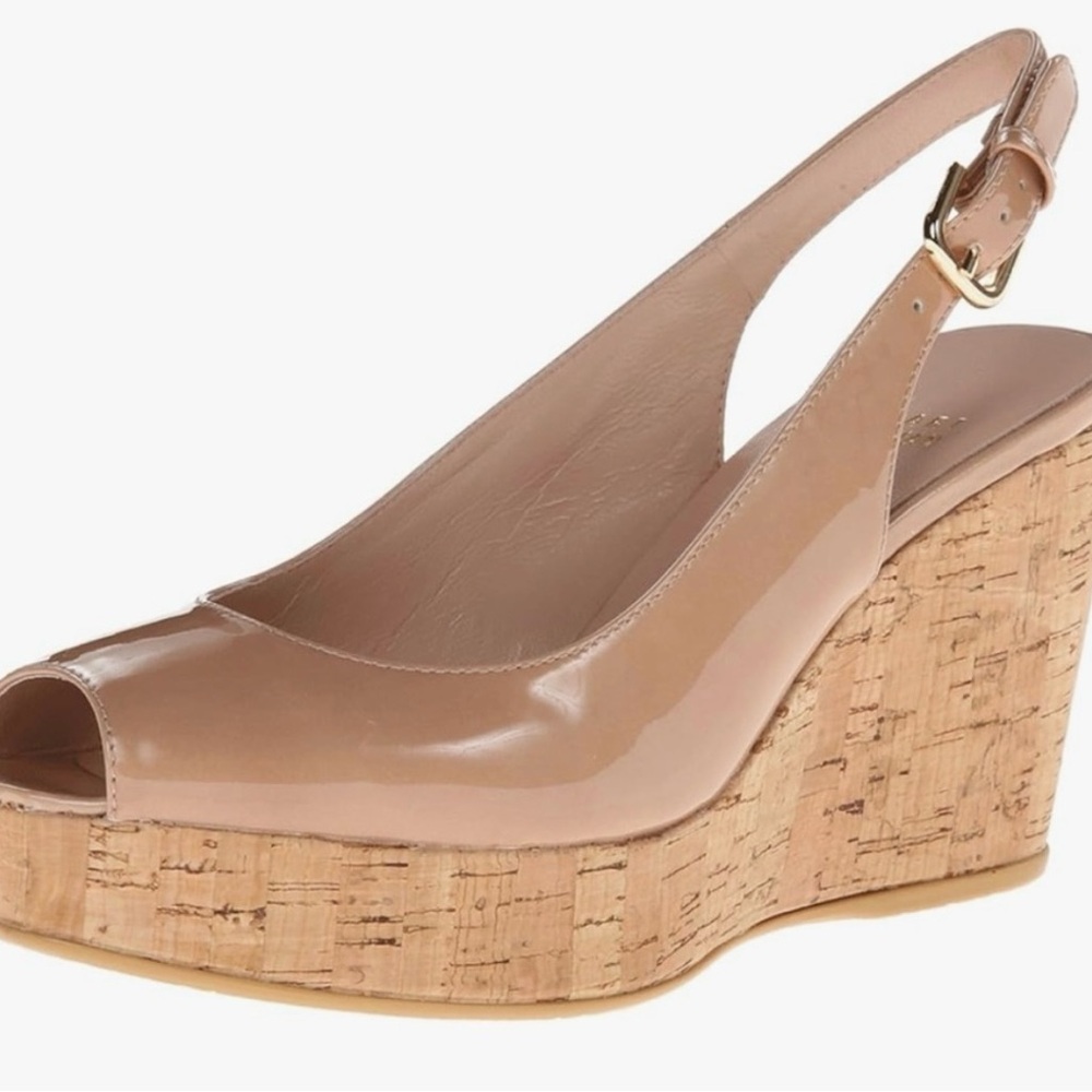 Stuart Weitzman, nude patent leather slingback wedges women’s 10